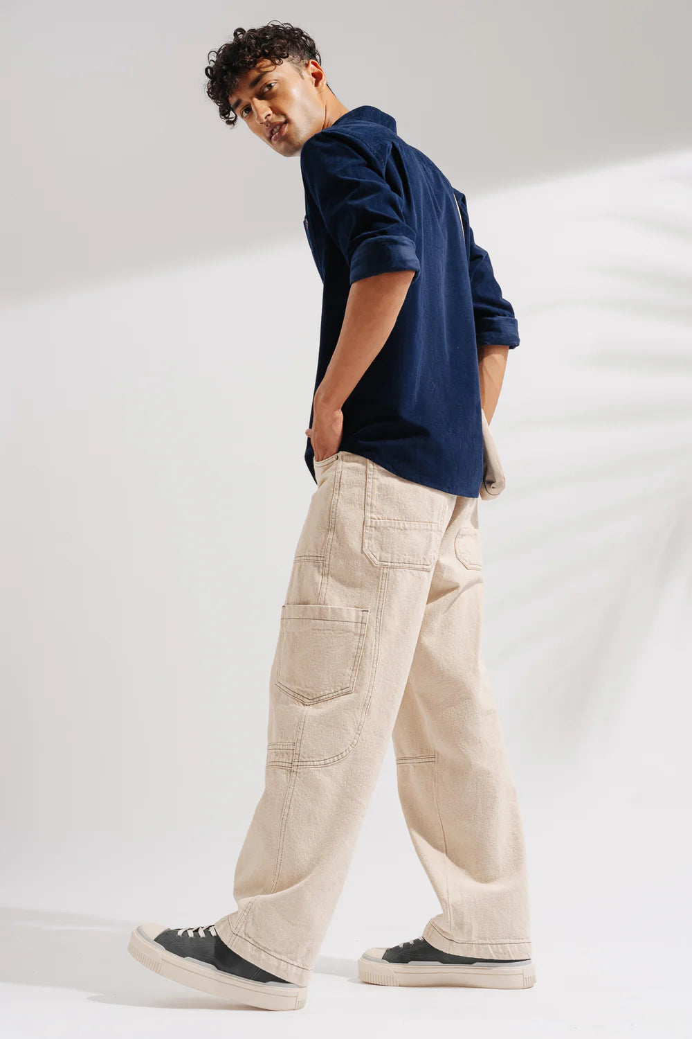 Men’s Ecru Contrast Baggy Straight Cargo Jeans