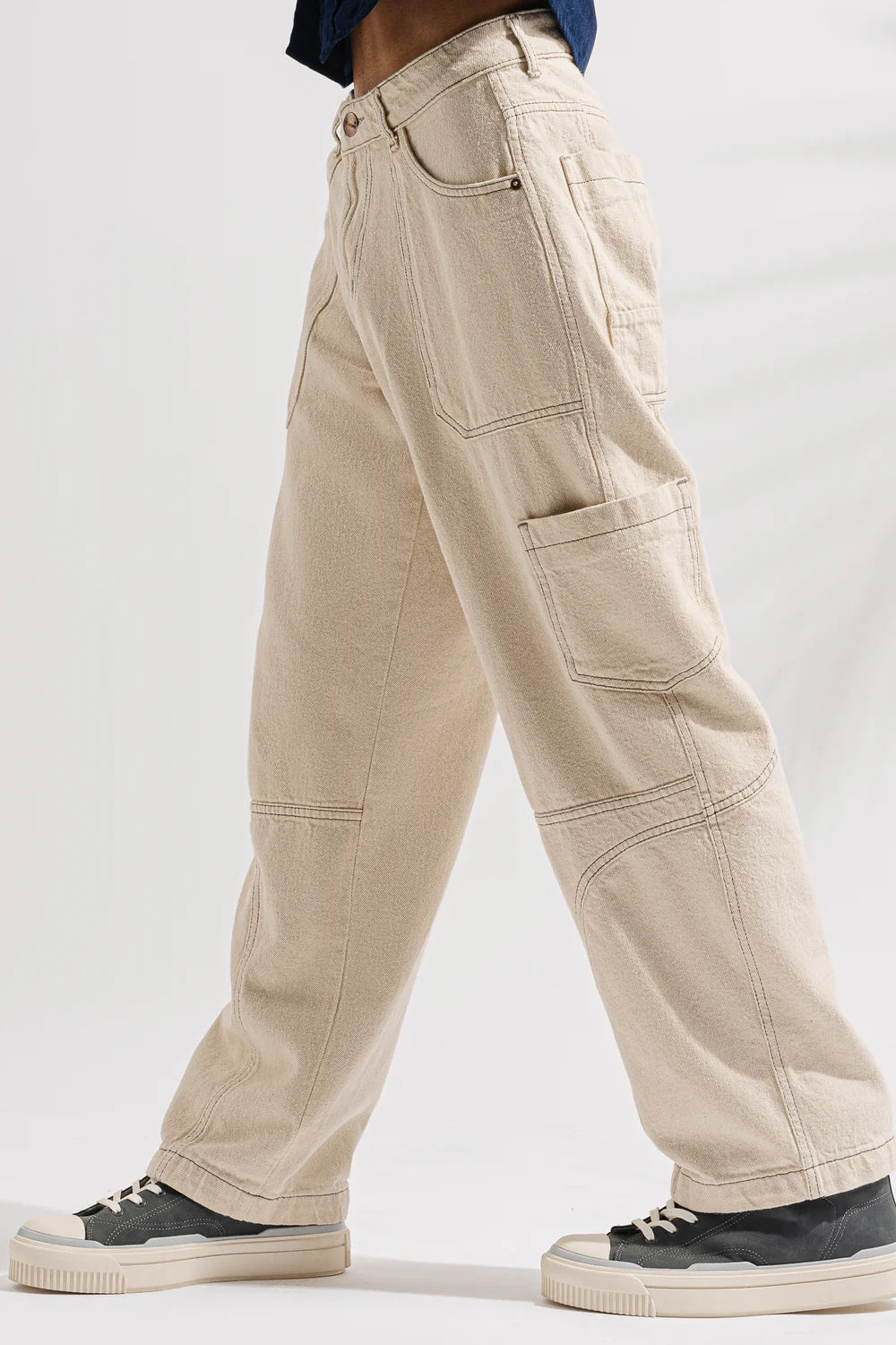Men’s Ecru Contrast Baggy Straight Cargo Jeans