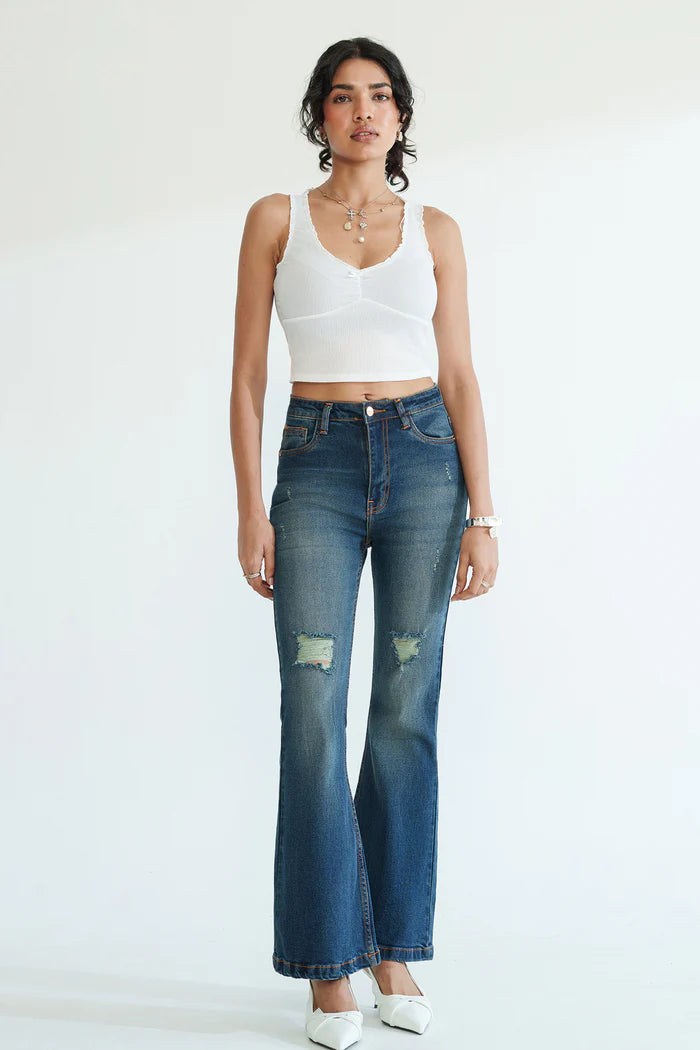 Fashionable Retro Blue Bootcut Jeans for Women Offering Classic Denim Design, Soft Stretchable Fabric, and Chic Vintage-Inspired Look