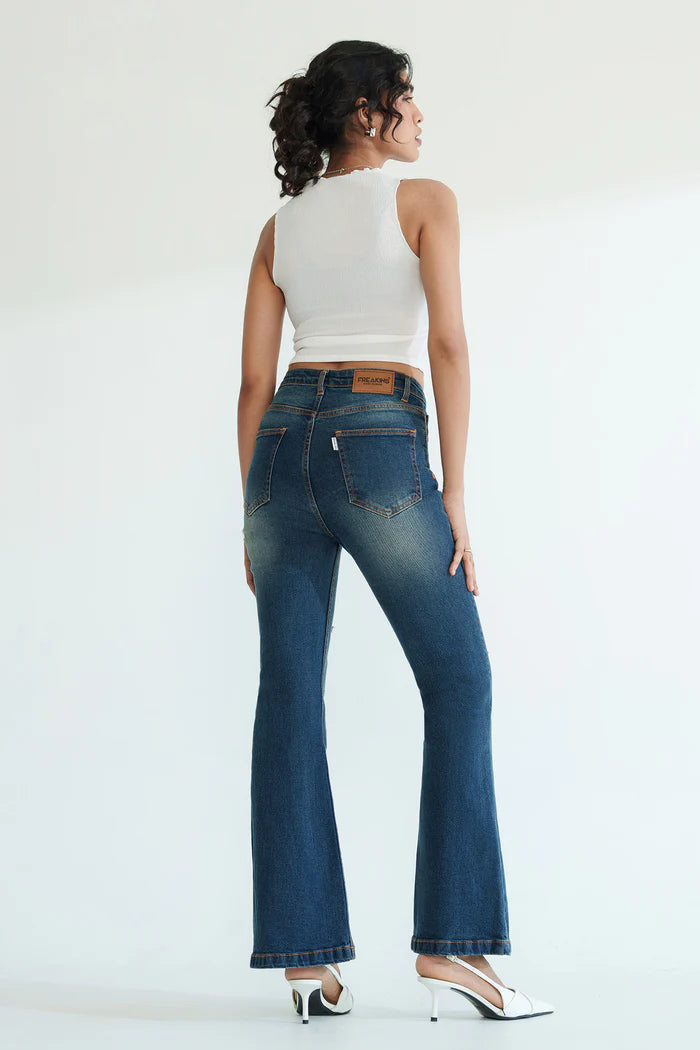 Fashionable Retro Blue Bootcut Jeans for Women Offering Classic Denim Design, Soft Stretchable Fabric, and Chic Vintage-Inspired Look