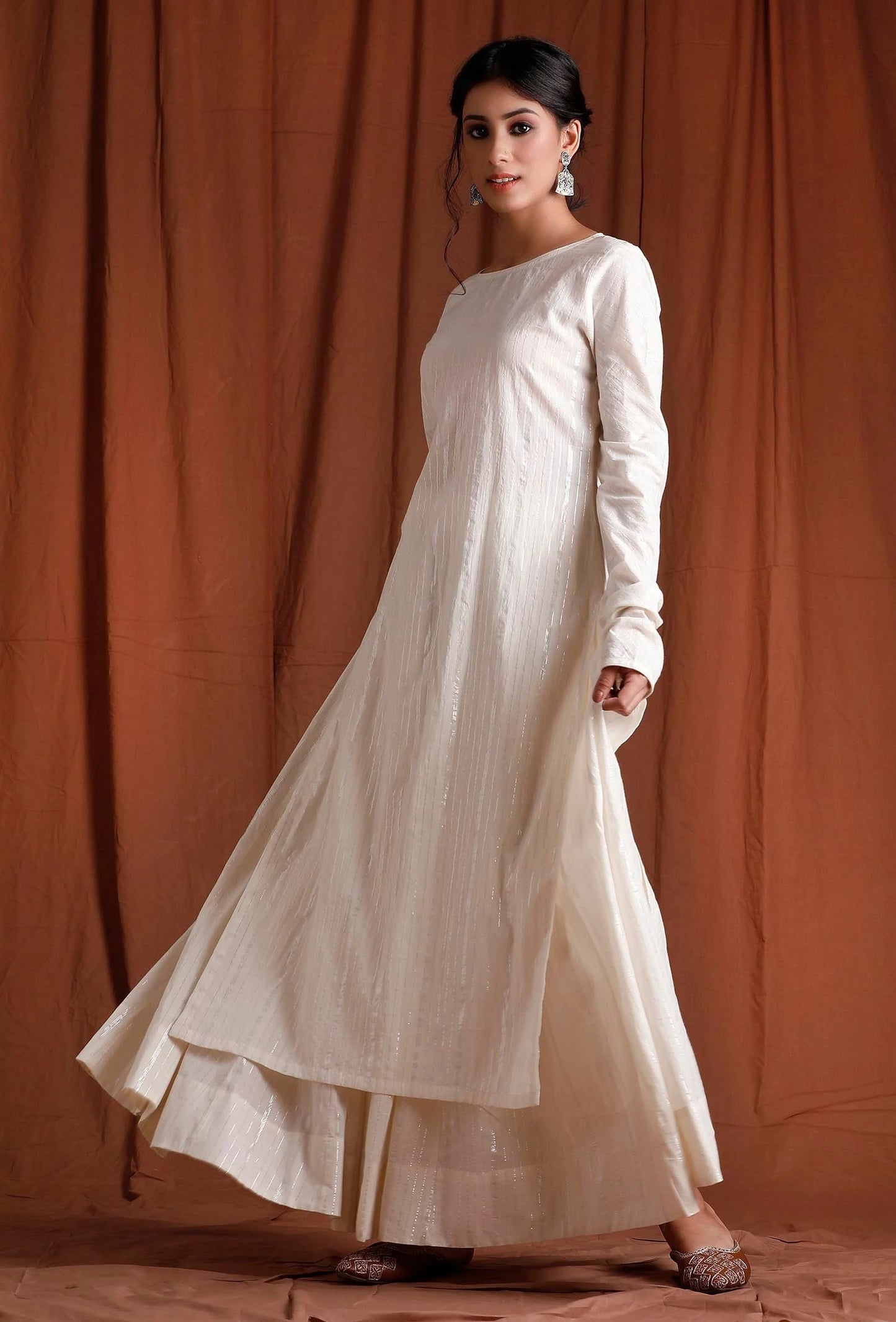 Ethically Sourced Cotton Kurta in a Creamy Off-White Shade, Showcasing a Long Length and Flowy Full Sleeves