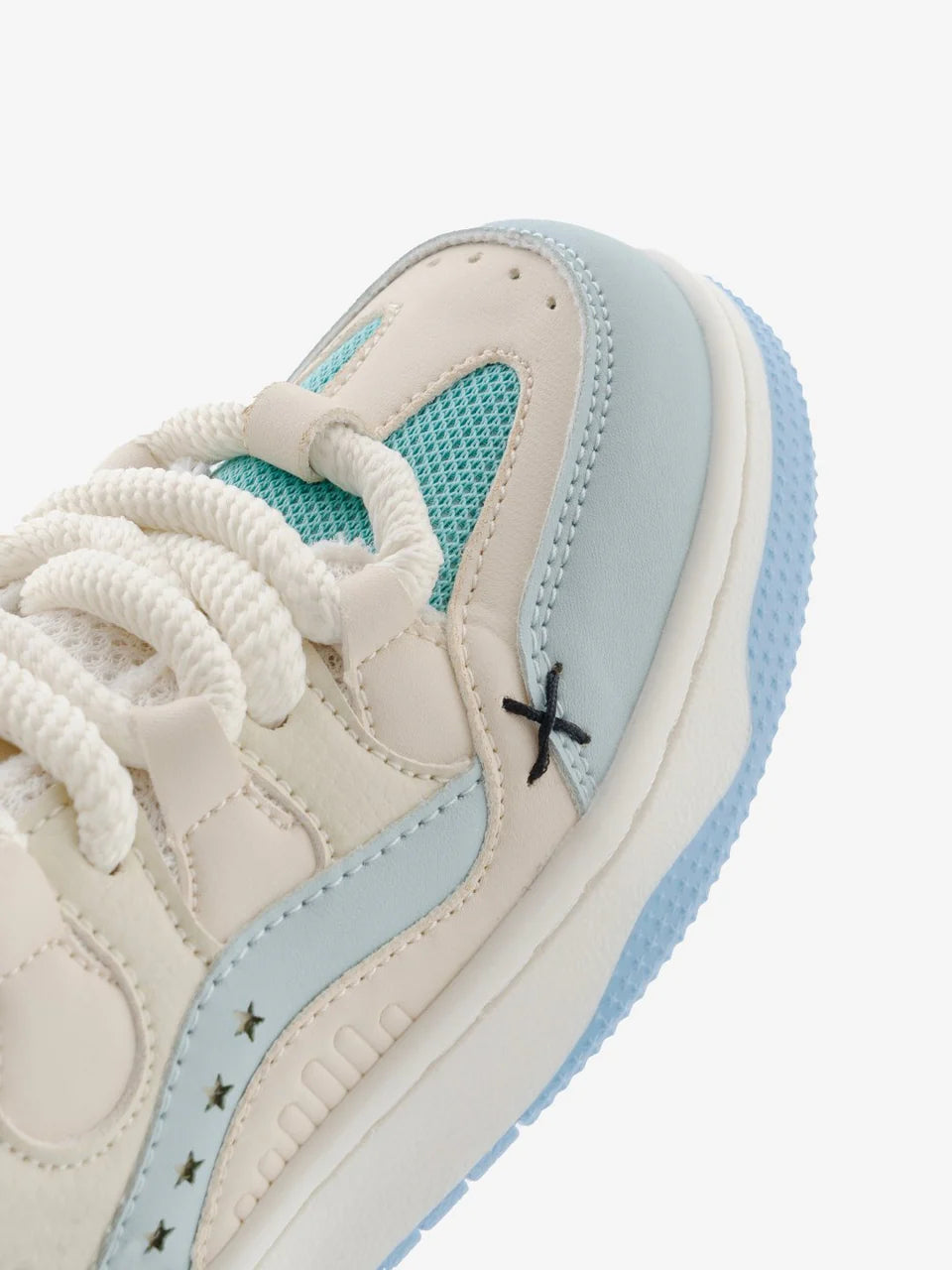 White & Blue Thick-Lace Flat Sole Sneakers