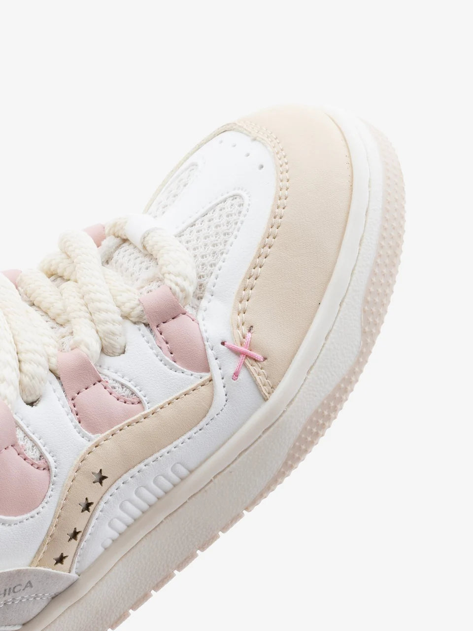 White & Pink Thick-Lace Flat Sole Sneakers