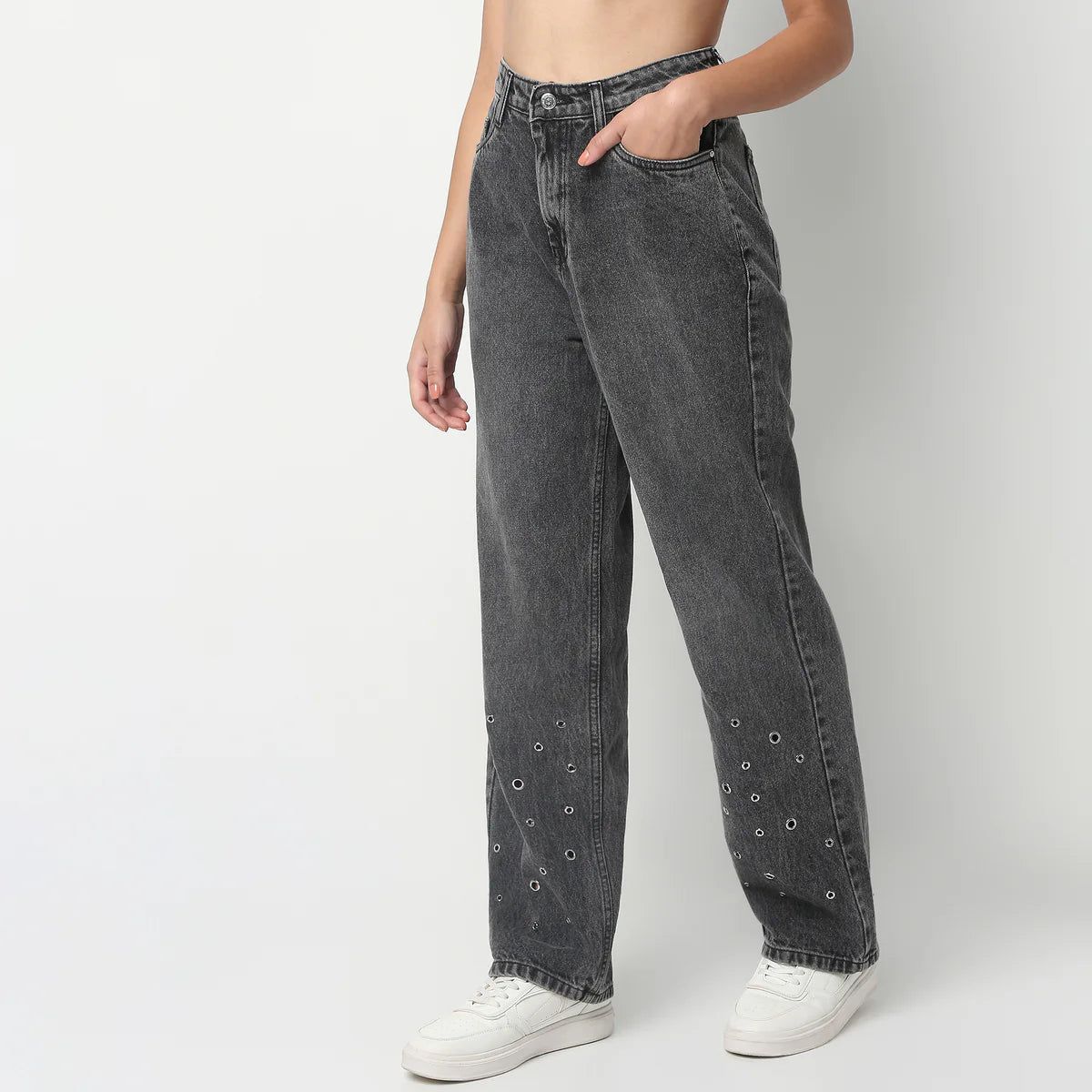 Women’s Full-Length Straight Fit Jeans Featuring Pinhole Detailing, Solid Color Design, and Comfortable Everyday Casual Style