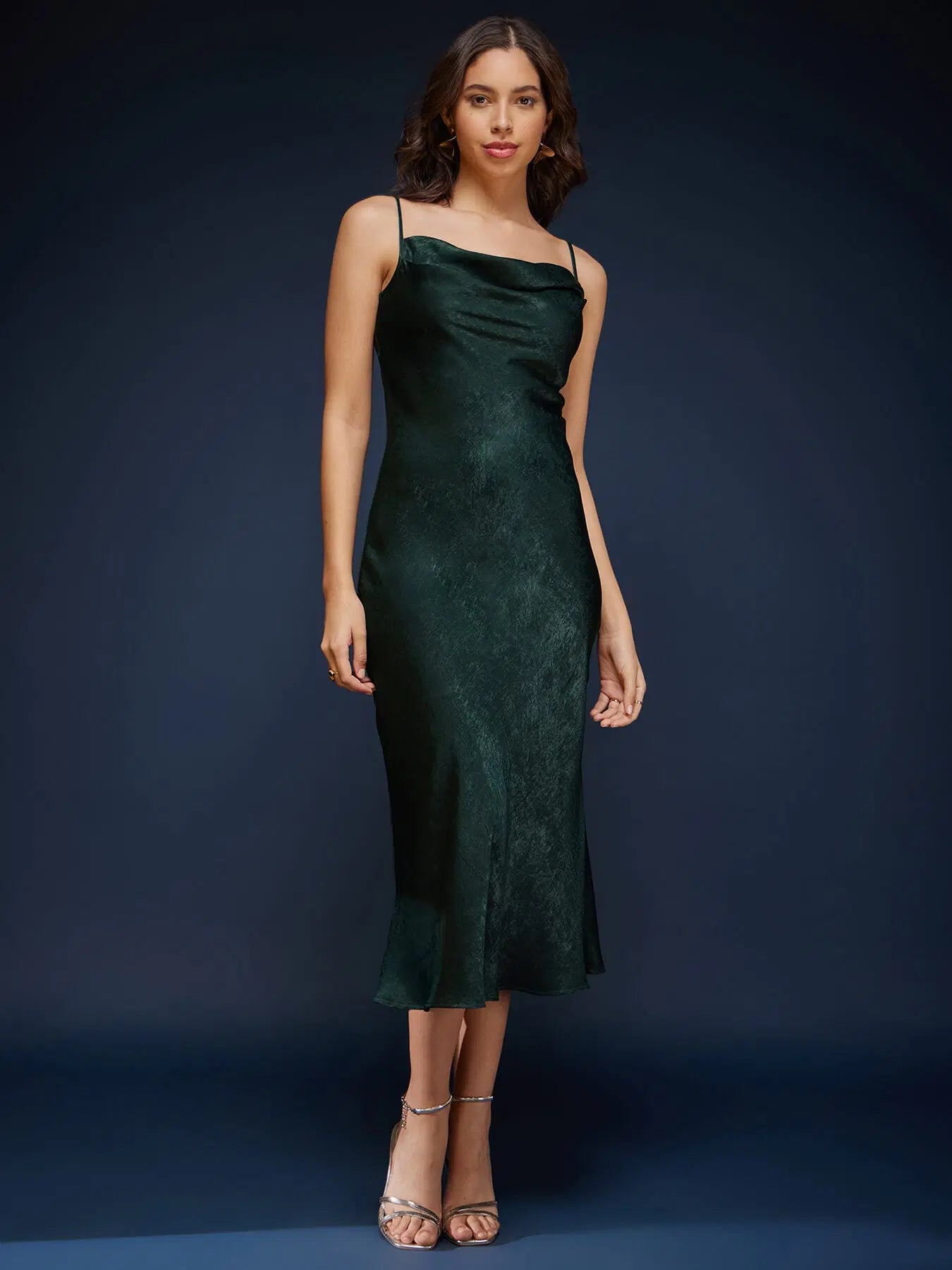 Chic Satin Cowl Neck Slip Dress in Olive Featuring Sleek Finish, Flattering Drape, and Contemporary Design Perfect for Parties and Celebrations