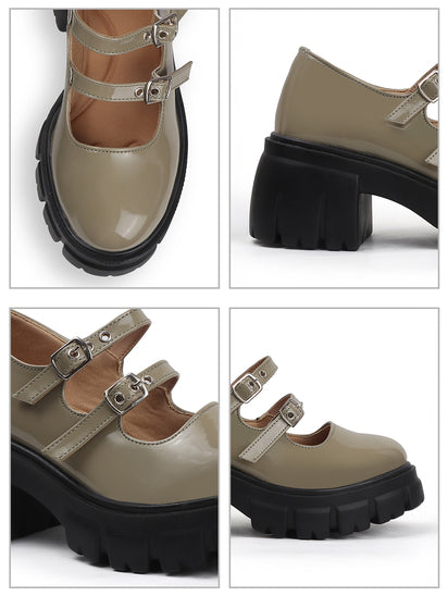 Double Buckle Chunky Mary Jane Shoes in Olive