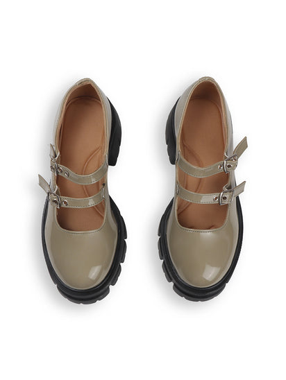 Double Buckle Chunky Mary Jane Shoes in Olive