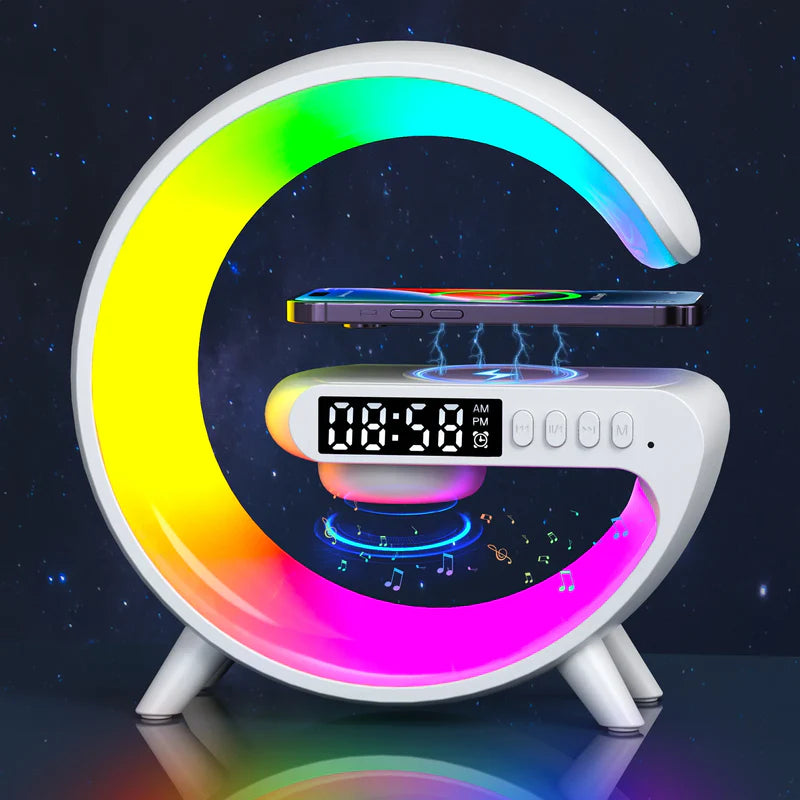 RGB G-Shaped Mood Lamp with Wireless Charger, Bluetooth Speaker, Alarm Clock, and LED Desk Lighting for Home and Office