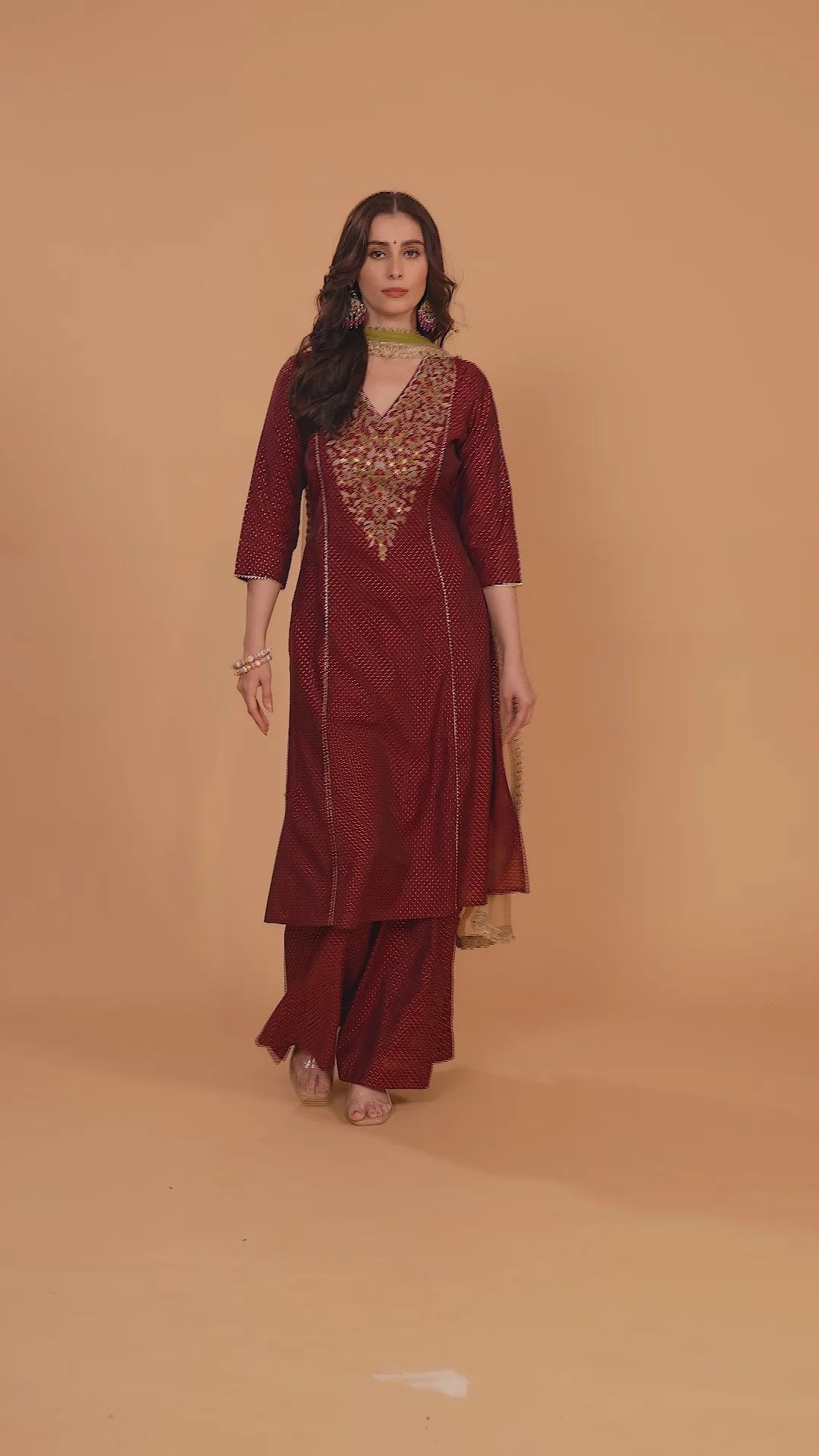 Sophisticated Maroon Roman Silk Kurta Set Featuring Detailed Embroidery on A-Line Silhouette, Matching Palazzo, and Soft Dupatta for Traditional and Contemporary Occasions