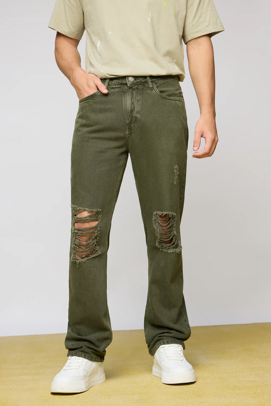 Men’s Olive Nomad Faded Distressed Straight Jeans