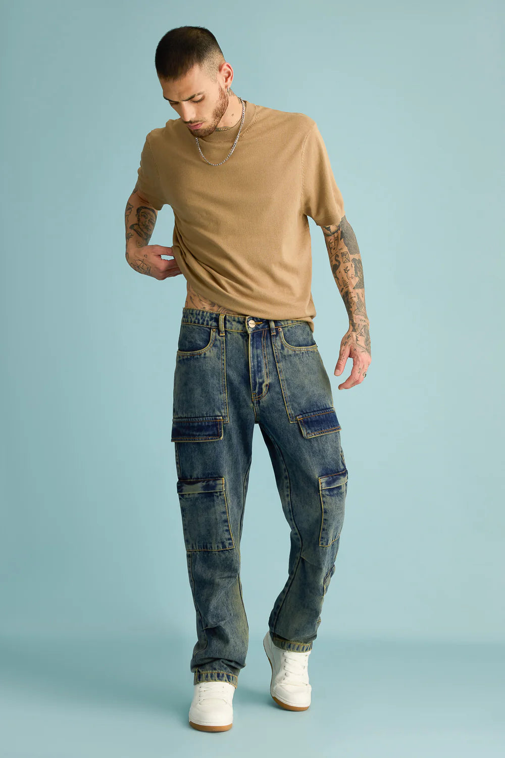Stylish Mold Blue Straight Cargo Denim Pants for Men