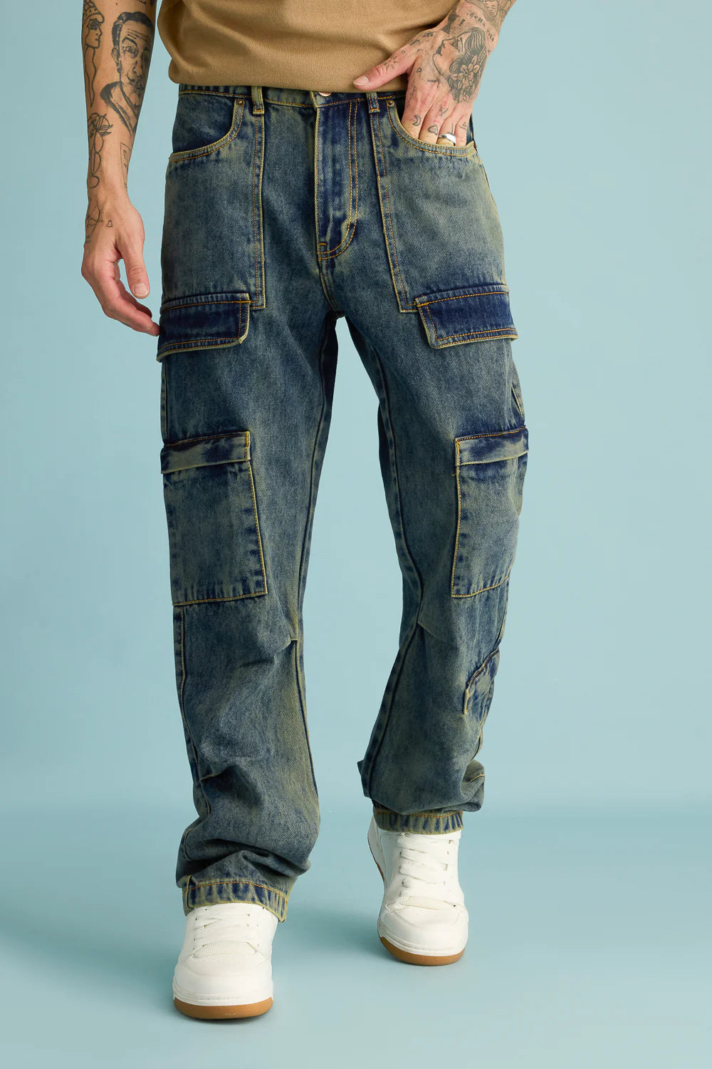 Stylish Mold Blue Straight Cargo Denim Pants for Men