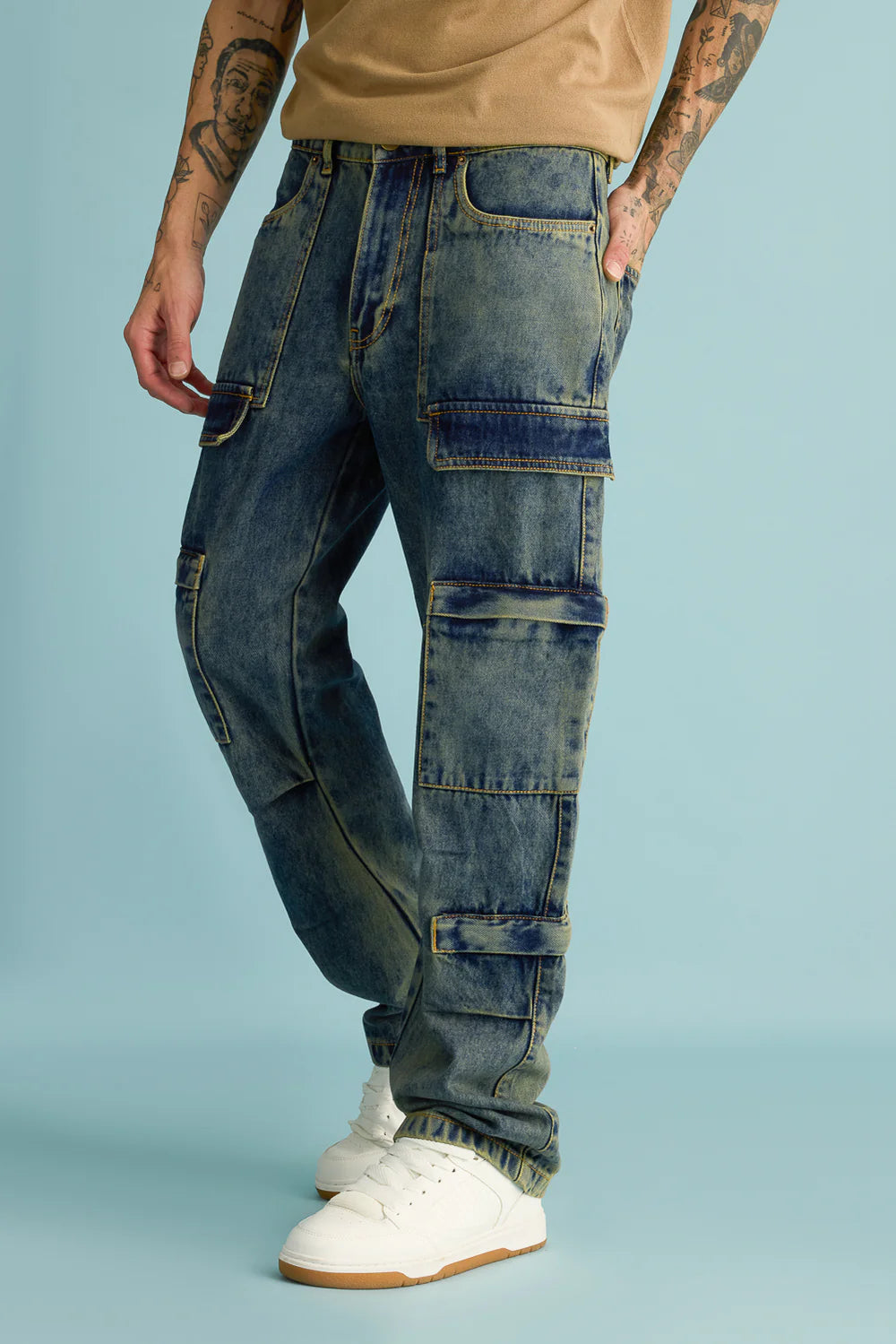 Stylish Mold Blue Straight Cargo Denim Pants for Men
