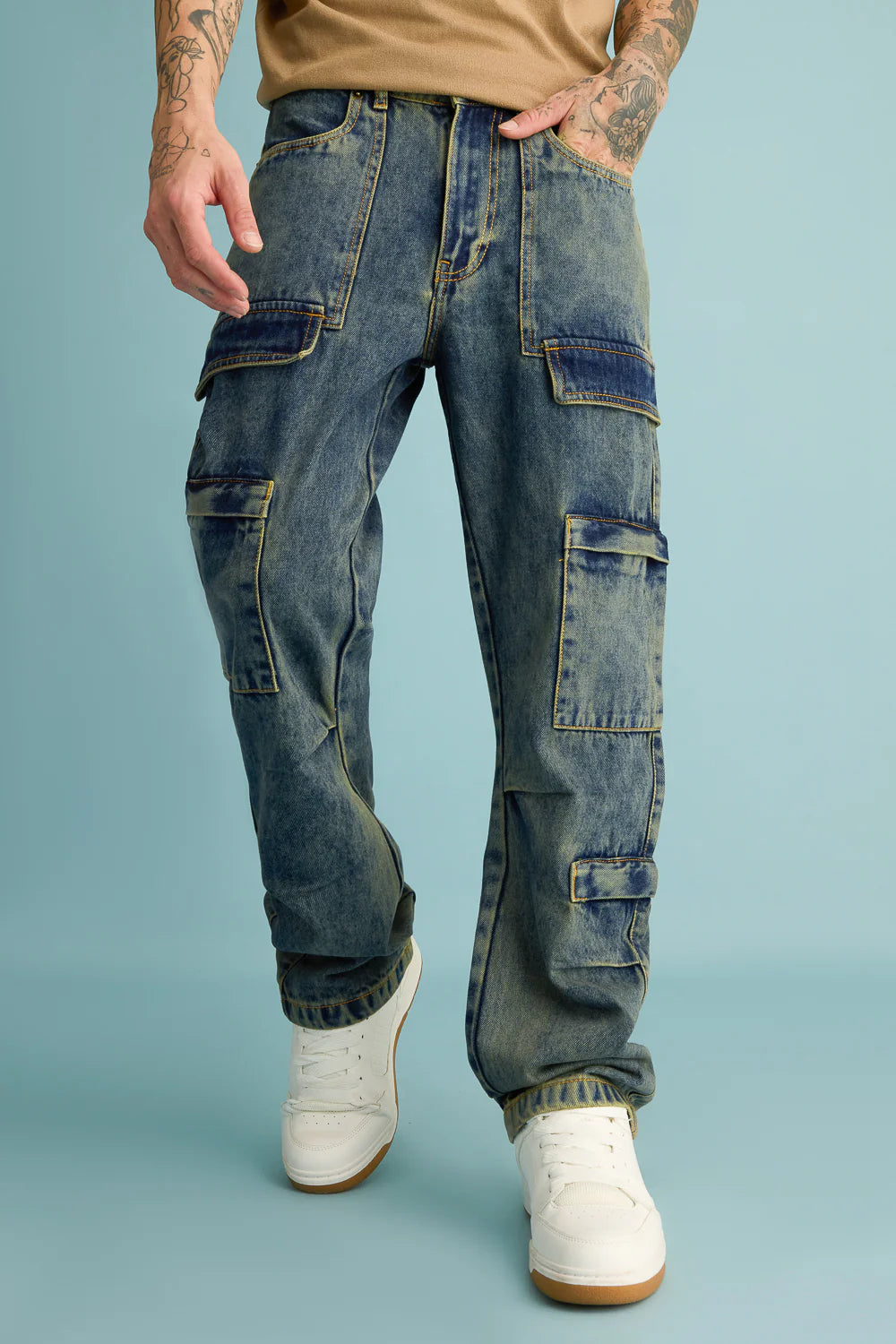 Stylish Mold Blue Straight Cargo Denim Pants for Men