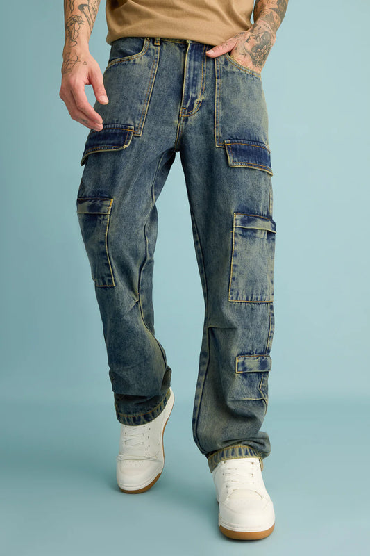 Stylish Mold Blue Straight Cargo Denim Pants for Men