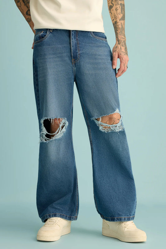 Men’s Casual Mid Blue Wide Straight Distressed Jeans