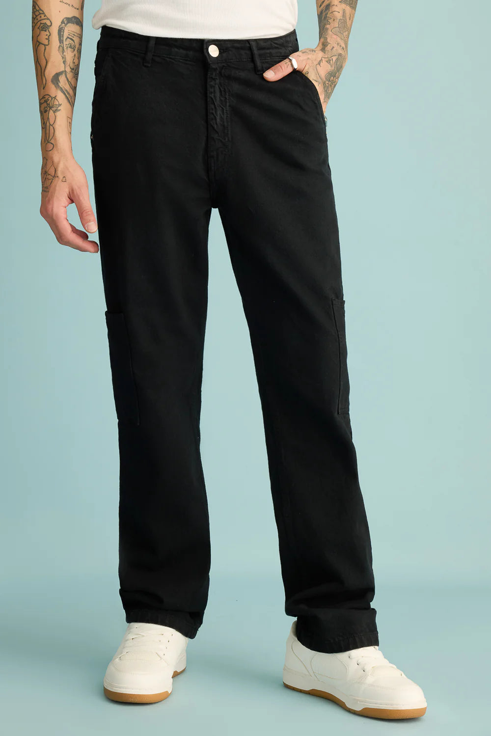 Black Men’s Straight Cut Cargo Denim Trousers