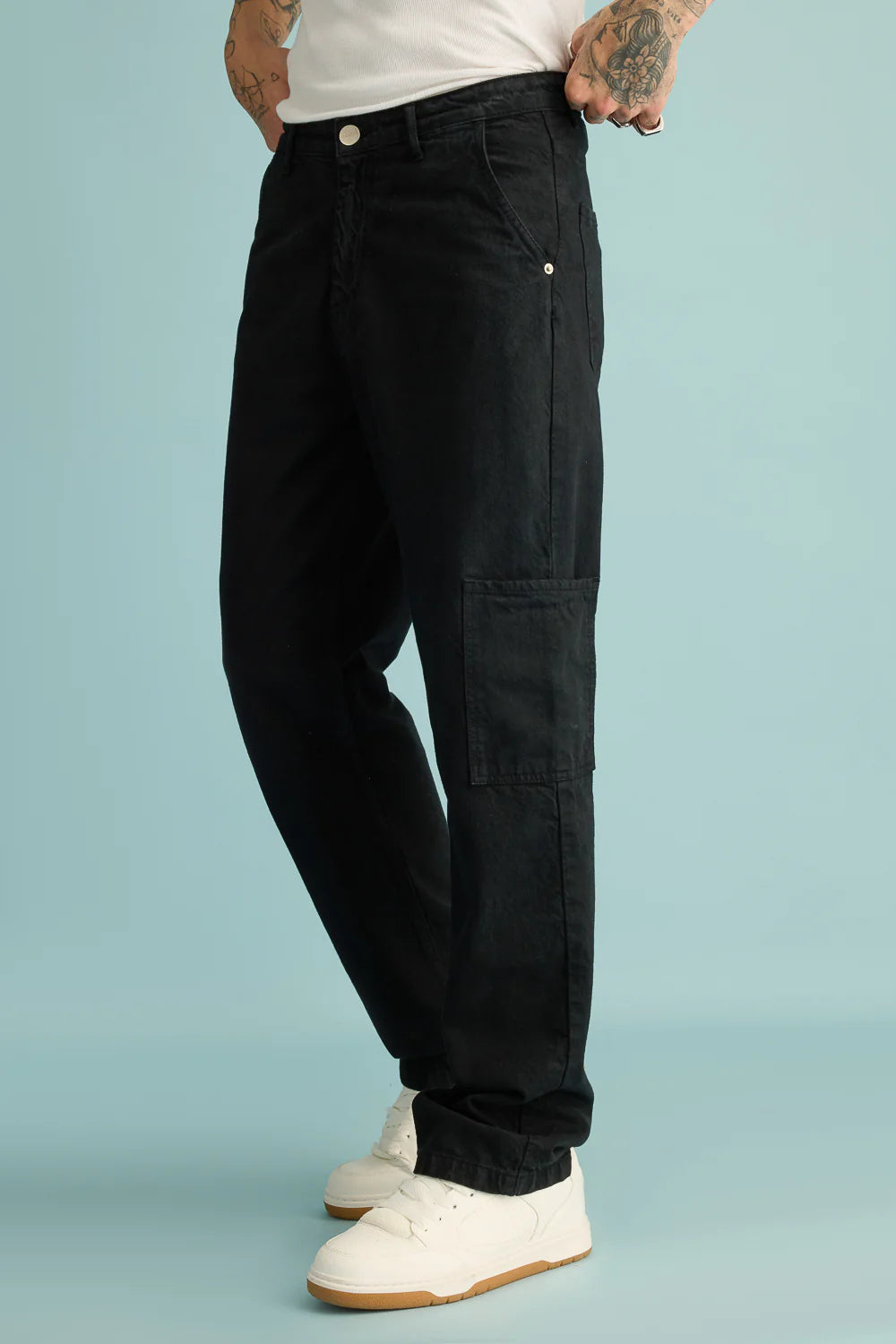 Black Men’s Straight Cut Cargo Denim Trousers