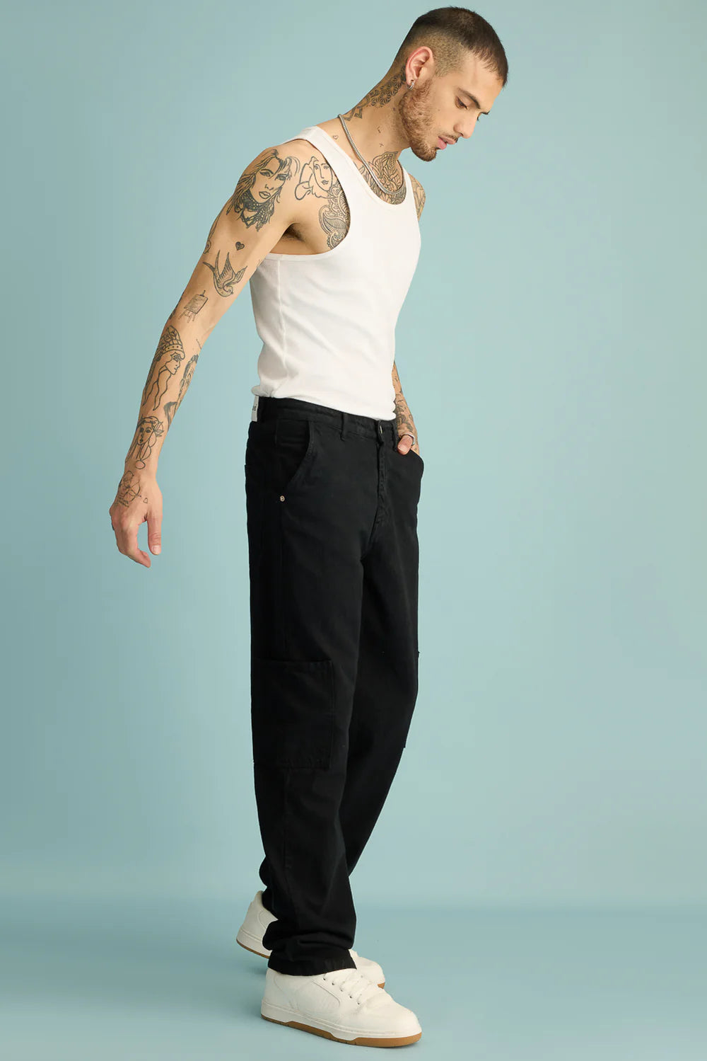 Black Men’s Straight Cut Cargo Denim Trousers