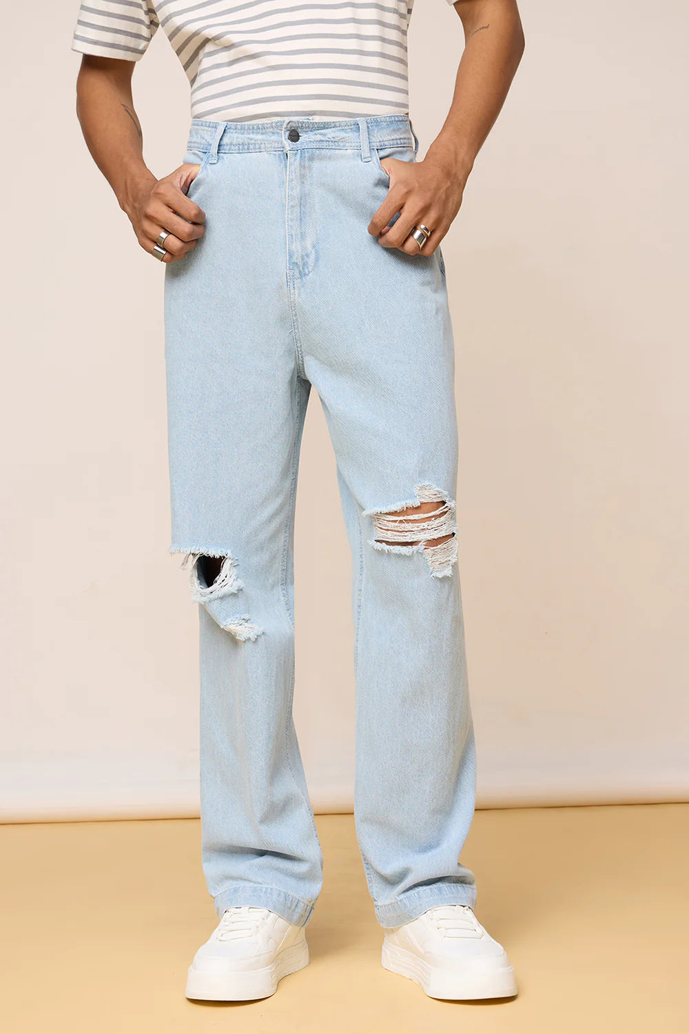 Men’s Light Blue Distressed Straight Jeans with Knee Rips