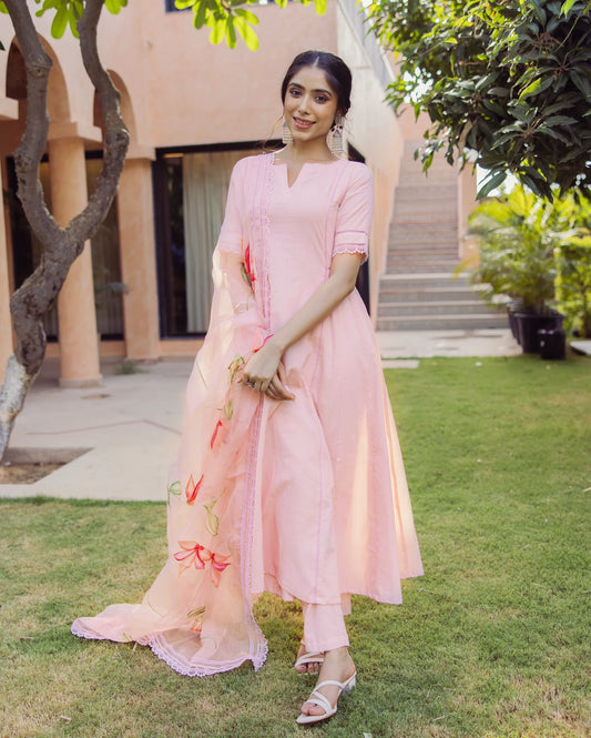 Tide Pink Cotton Kurta Set with Handpainted Design for Traditional and Everyday Style