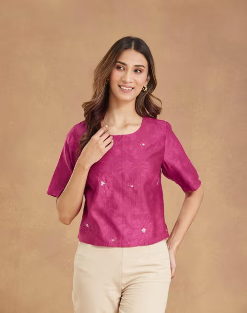Classic Short Top in Cotton Silk with Elegant Pink Embroidery