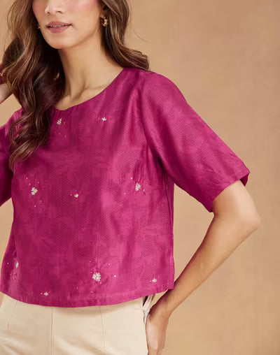 Classic Short Top in Cotton Silk with Elegant Pink Embroidery