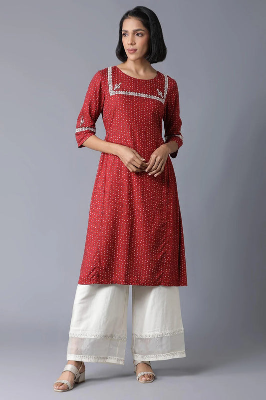 Stylish Brick Red Gathered Kurta with Flowy Silhouette