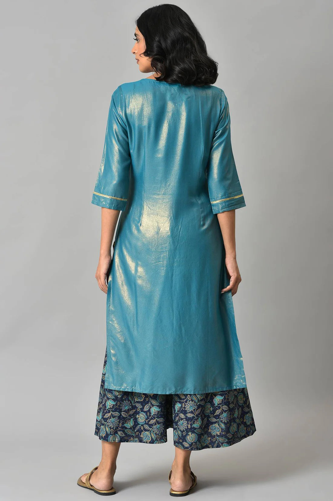 Sophisticated Blue Kurta Featuring Intricate Zari Embroidery and Coordinated Printed Culottes Offering a Modern yet Traditional Ensemble for Weddings and Celebrations