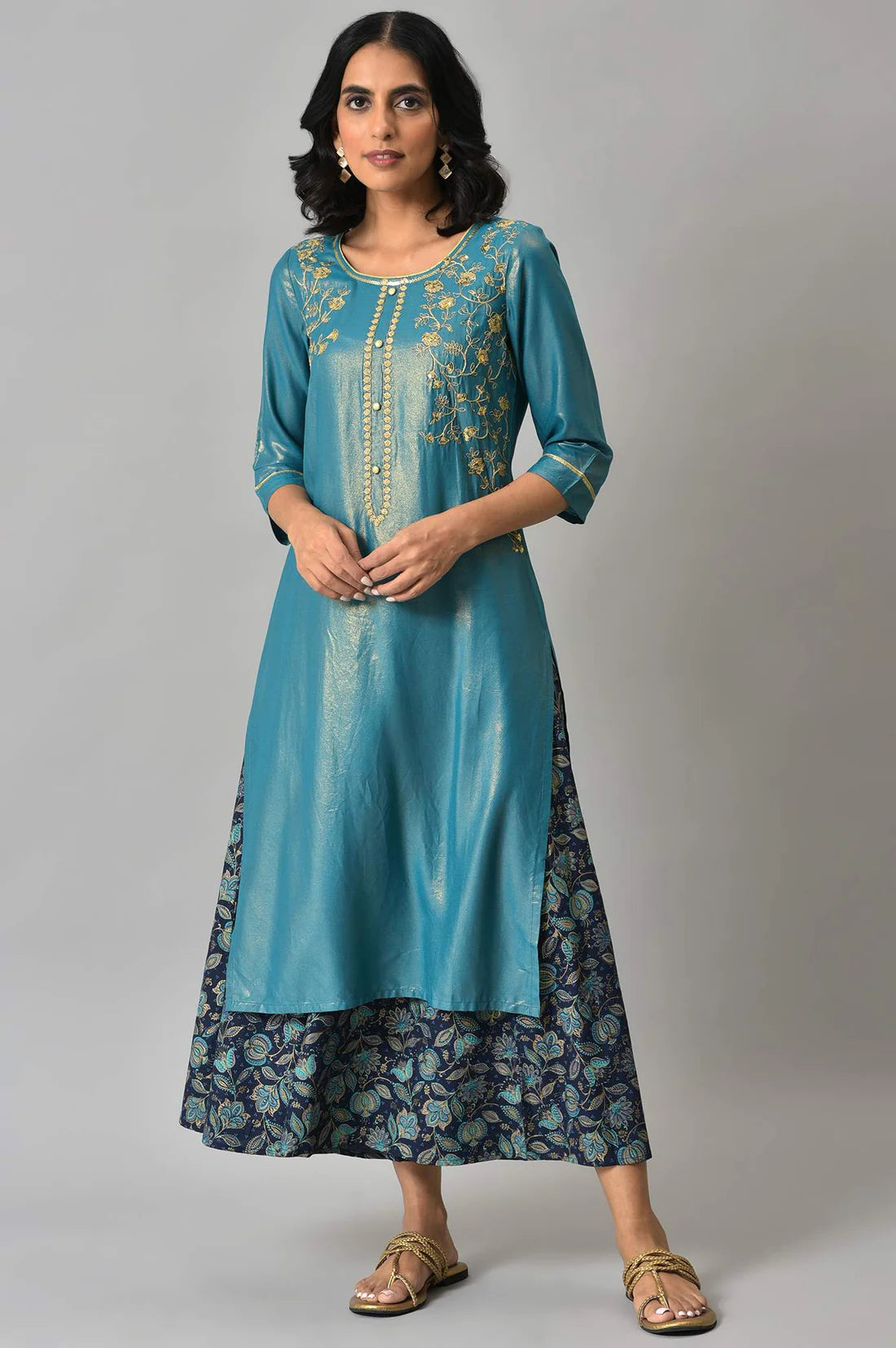 Sophisticated Blue Kurta Featuring Intricate Zari Embroidery and Coordinated Printed Culottes Offering a Modern yet Traditional Ensemble for Weddings and Celebrations