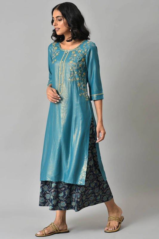 Sophisticated Blue Kurta Featuring Intricate Zari Embroidery and Coordinated Printed Culottes Offering a Modern yet Traditional Ensemble for Weddings and Celebrations