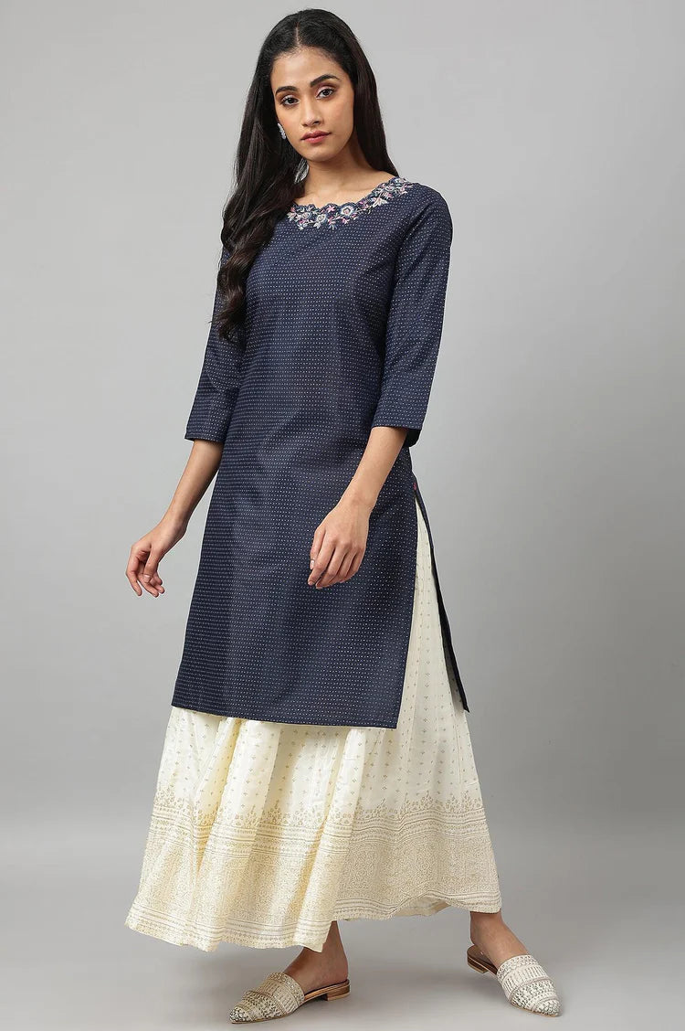 Elegant Navy Blue Festive Kurta Featuring Intricately Embroidered Neckline and Refined Silhouette for Traditional Celebrations and Special Occasions
