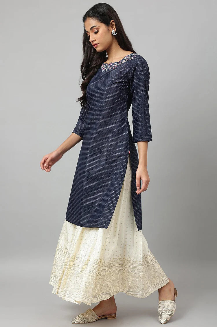 Elegant Navy Blue Festive Kurta Featuring Intricately Embroidered Neckline and Refined Silhouette for Traditional Celebrations and Special Occasions