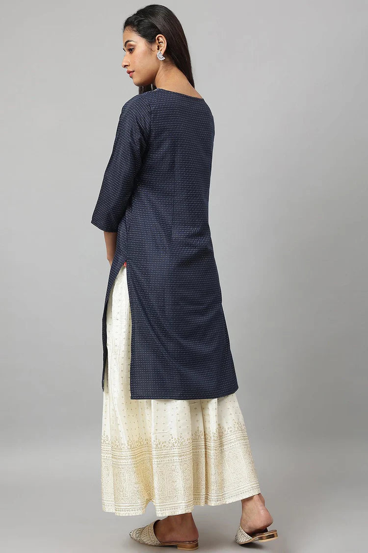 Elegant Navy Blue Festive Kurta Featuring Intricately Embroidered Neckline and Refined Silhouette for Traditional Celebrations and Special Occasions