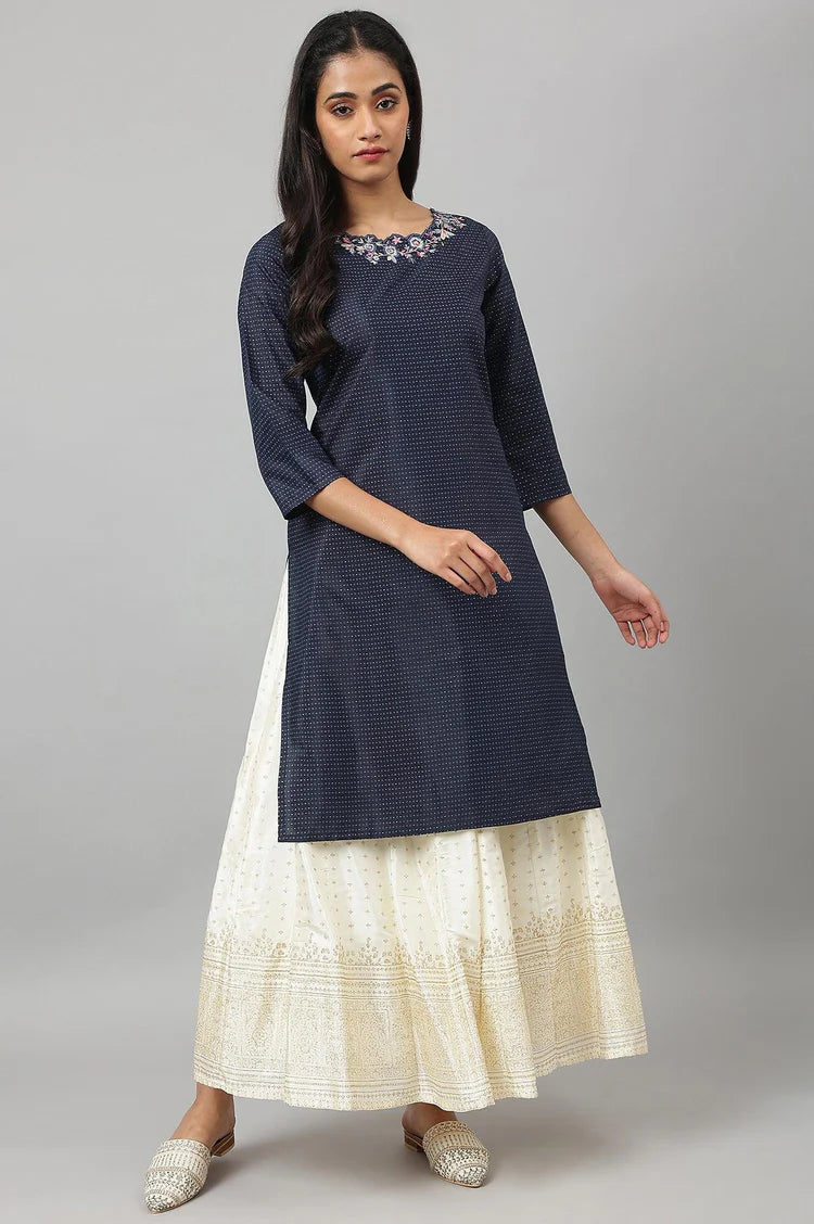 Elegant Navy Blue Festive Kurta Featuring Intricately Embroidered Neckline and Refined Silhouette for Traditional Celebrations and Special Occasions