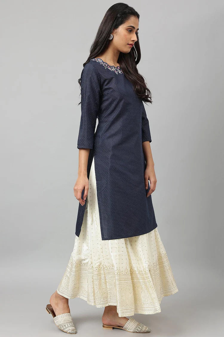 Elegant Navy Blue Festive Kurta Featuring Intricately Embroidered Neckline and Refined Silhouette for Traditional Celebrations and Special Occasions