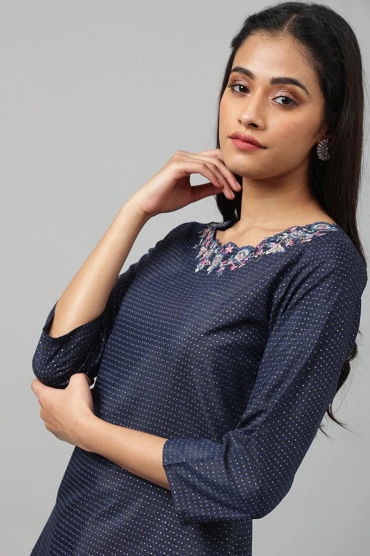 Elegant Navy Blue Festive Kurta Featuring Intricately Embroidered Neckline and Refined Silhouette for Traditional Celebrations and Special Occasions