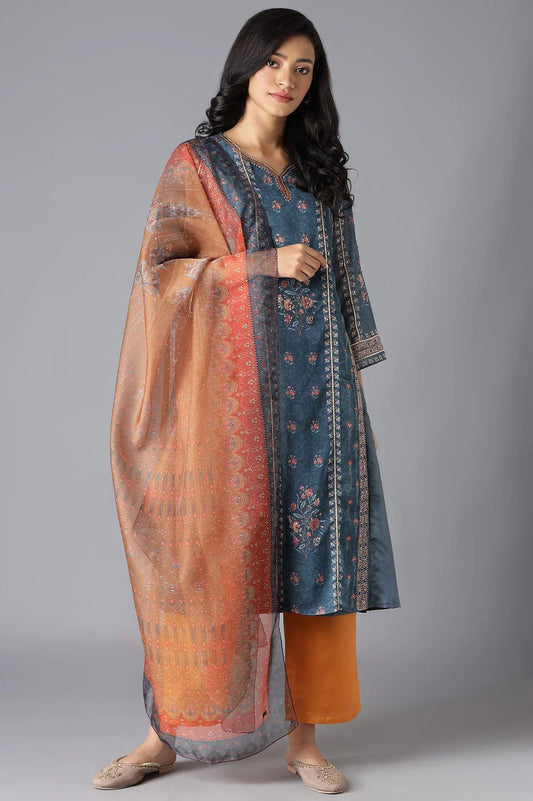 Timeless Teal Mock Layer Kurta Paired with Coordinated Orange Parallel Pants and Dupatta Combining Elegant Silhouette, Comfortable Fit, and Modern Ethnic Appeal for Celebrations