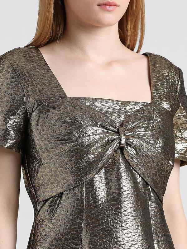 Sophisticated Golden Textured Mini Dress with Modern Detailing, Sleek Shape, and Timeless Sparkle for Cocktail Nights and Festive Gatherings
