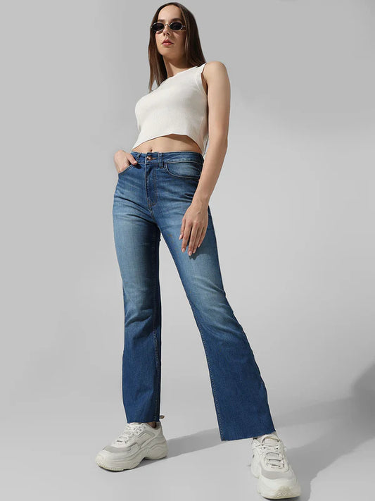 Trendy Blue High-Rise Floral Flared Denim Pants for Women Designed with Soft Stretchable Fabric, Relaxed Comfortable Fit, and Chic Streetwear Appeal