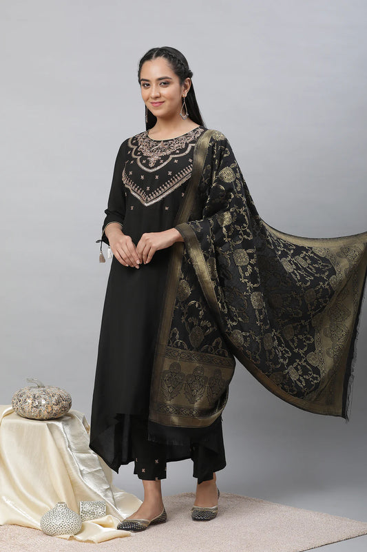 Graceful Black Zari Embellished Kurta, Pants, and Dupatta Ensemble with Refined Design, Comfortable Fit, and Timeless Appeal for Festive and Traditional Events