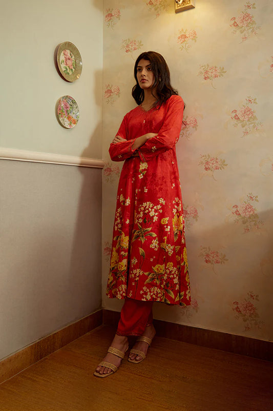 Handblock Style Red Floral Print Kurta with Flared Design, Keyhole Neck, and Flowy Fabric