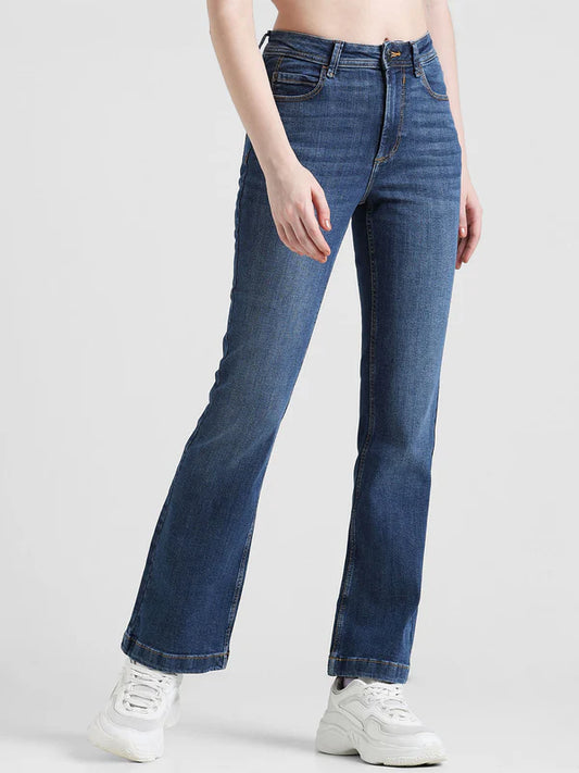 Retro-Inspired Blue High-Rise Floral Flared Jeans for Women with Flowing Silhouette, Comfortable Fit, and Contemporary Casual Chic Look