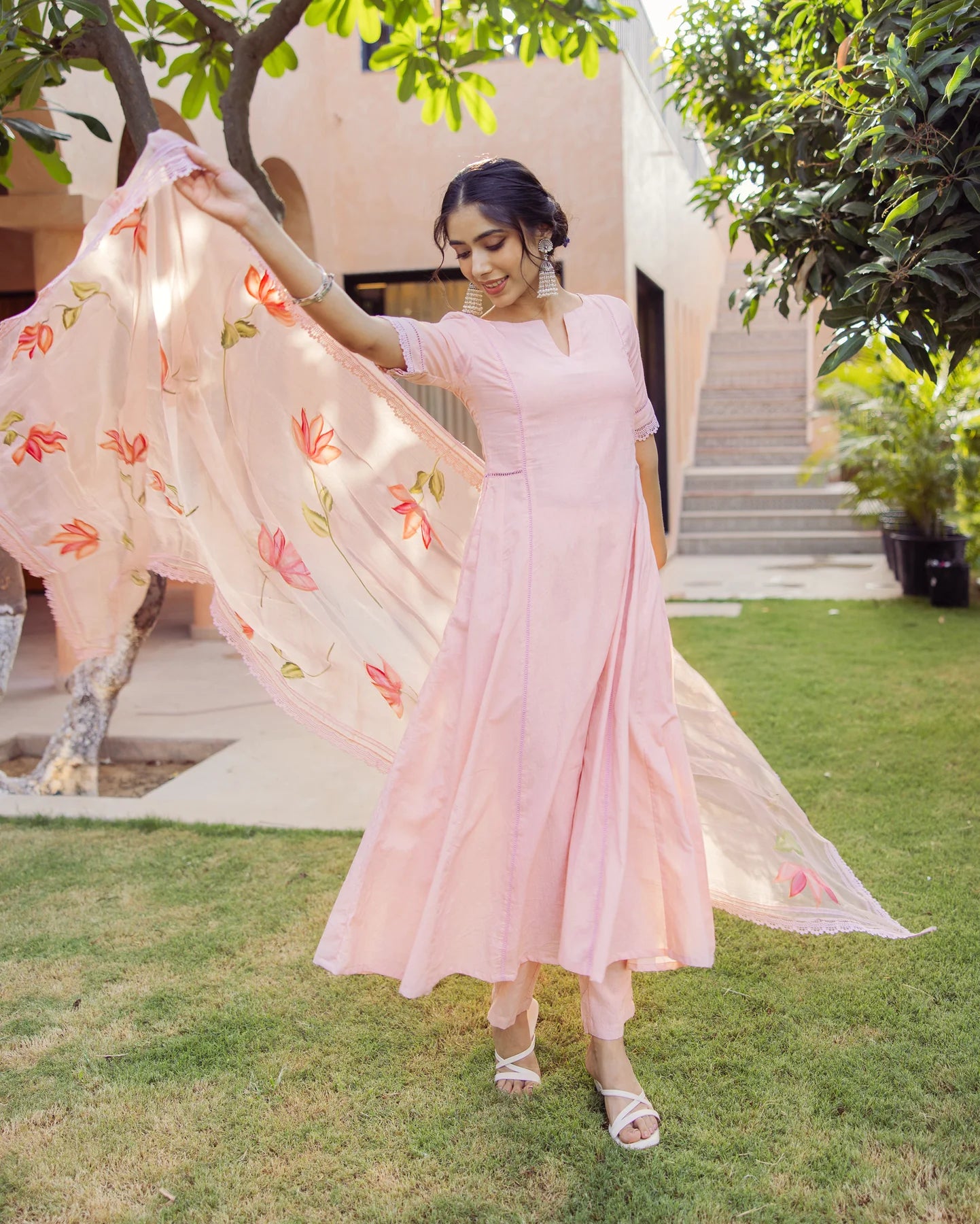 Tide Pink Cotton Kurta Set with Handpainted Design for Traditional and Everyday Style