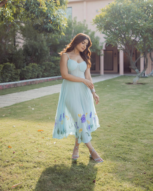 Stylish Blue Handpainted Georgette Dress Highlighting Petal Stroke Patterns, Fluid Fabric Movement, and Fashion-Forward Aesthetic for Modern Wardrobes