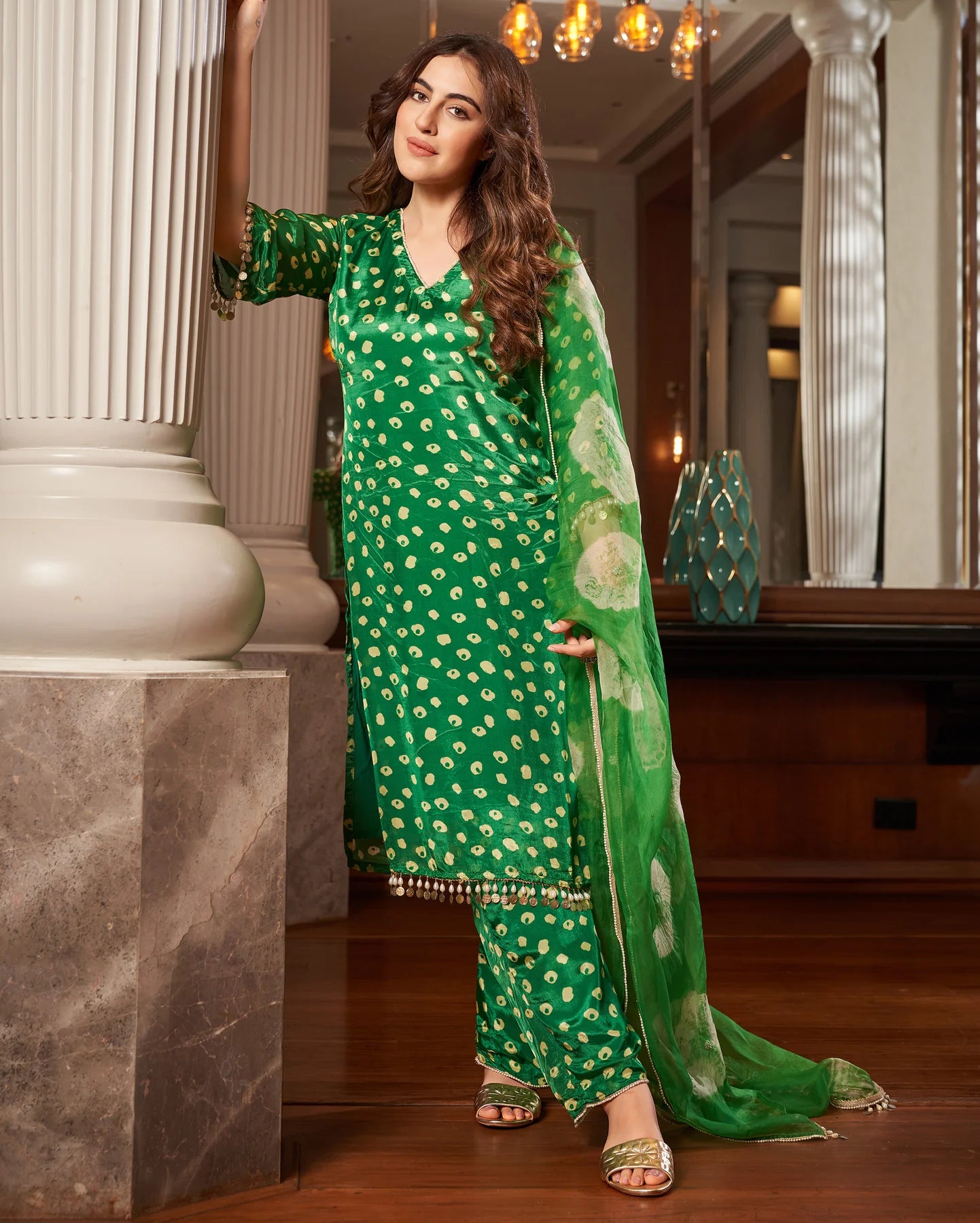Stylish Green Bandhani Silk Three-Piece Suit Set Highlighting Exquisite Print, Classic Cut, and Flowing Dupatta for Weddings, Parties, and Cultural Celebrations