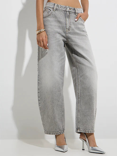 Women’s Grey Washed Relaxed-Fit High-Rise Jeans Featuring Soft Durable Denim, Comfortable Loose Silhouette, and Effortless Everyday Casual Style