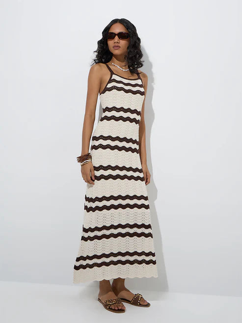 Stylish Off-White Cotton-Blend Dress Highlighting Knit-Textured Finish, Straight Silhouette, and Polished Look for Casual and Semi-Formal Outfits