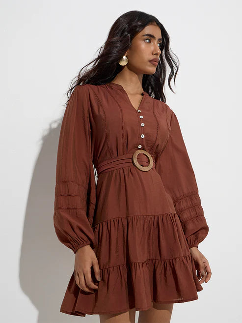 Elegant Cotton-Blend Tiered Dress with Adjustable Belt, Flowing Silhouette, and Comfortable Fit for Effortless Day-to-Evening Wear