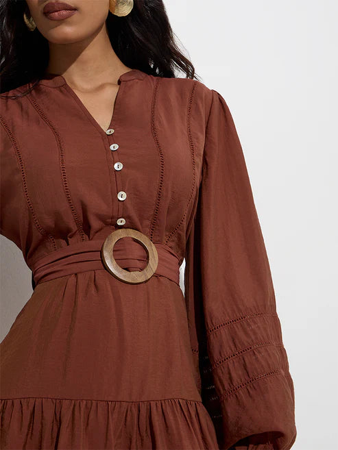 Elegant Cotton-Blend Tiered Dress with Adjustable Belt, Flowing Silhouette, and Comfortable Fit for Effortless Day-to-Evening Wear